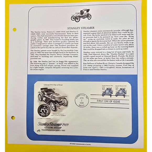 USA 1985 FDC TRANSPORTATION Series COIL STAMP 12 CENT STANLEY STEAMER CAR - Picture 1 of 3